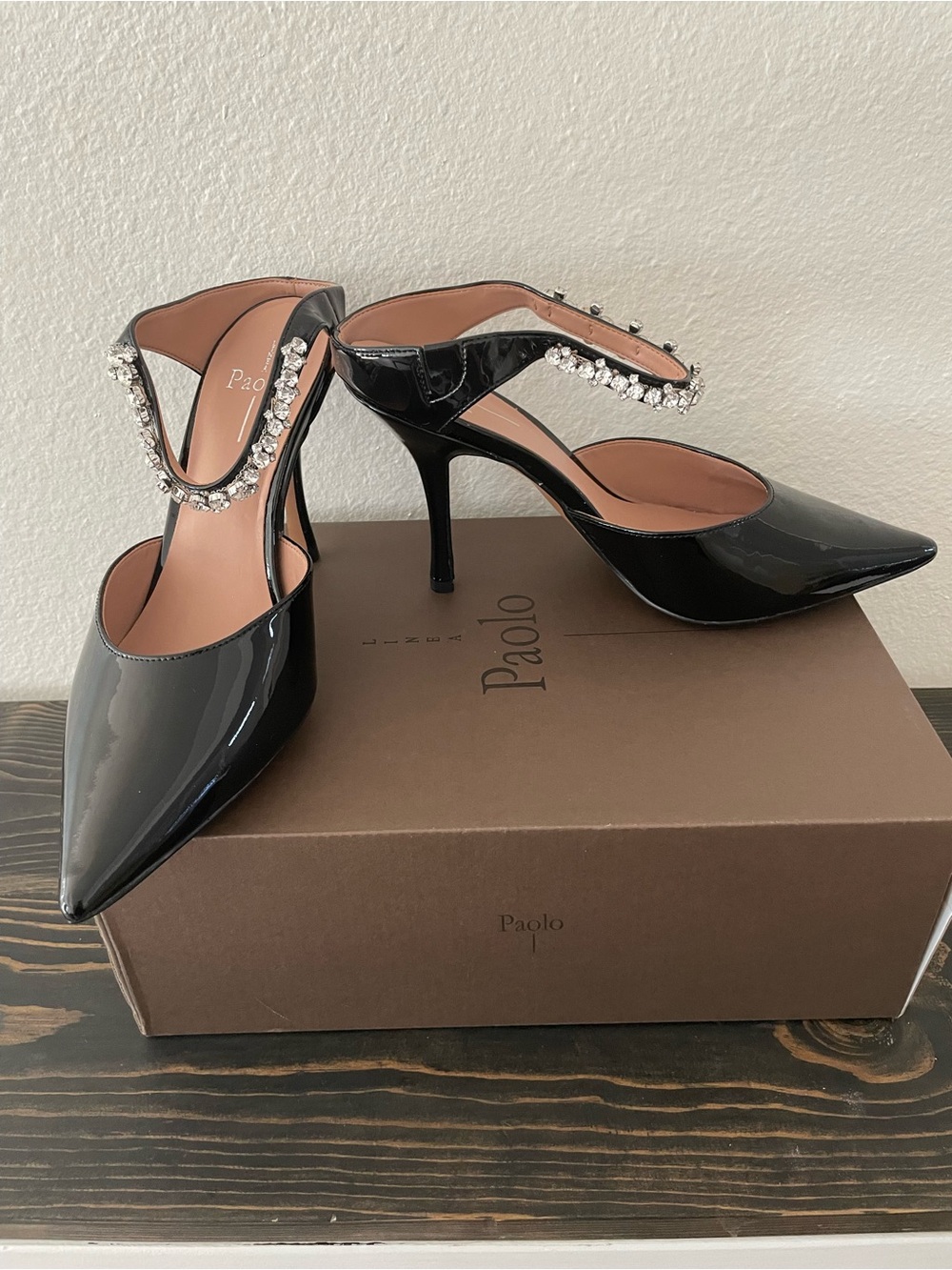 Paolo Black Patent Leather Pointed Toe Mules with Crystal Ankle Strap
